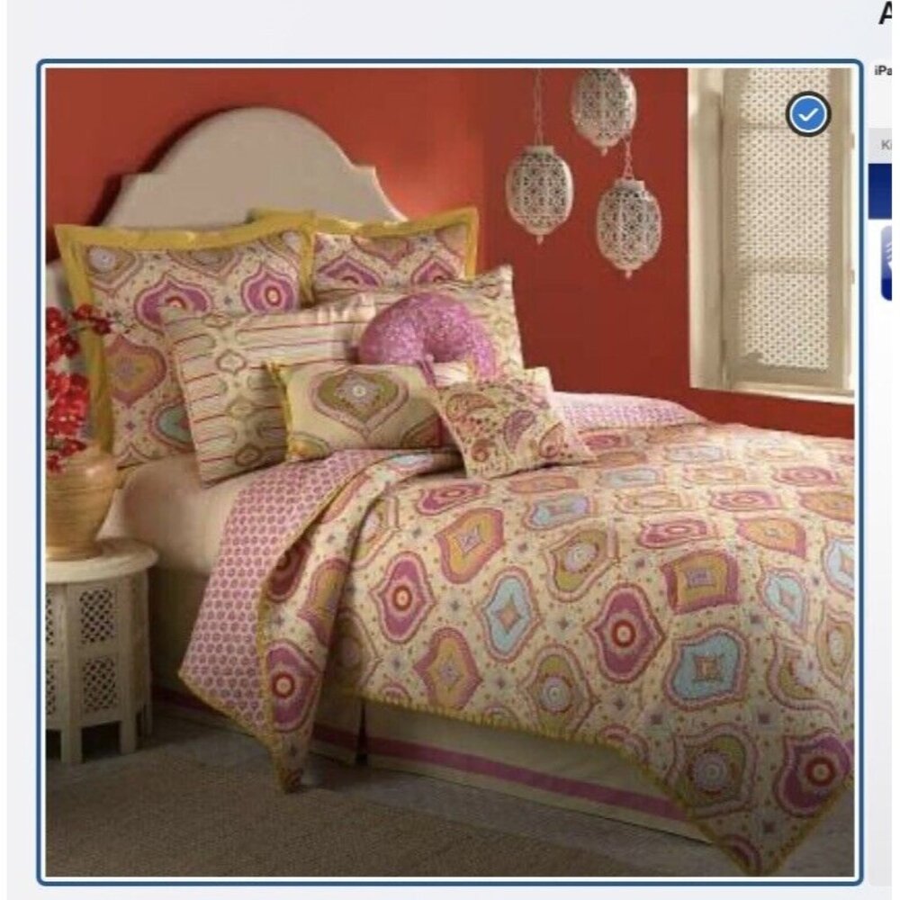 Dena Home Twin Quilt & 2 Shams Pink, Aqua, Yellow & Green Casablanca Moroccan